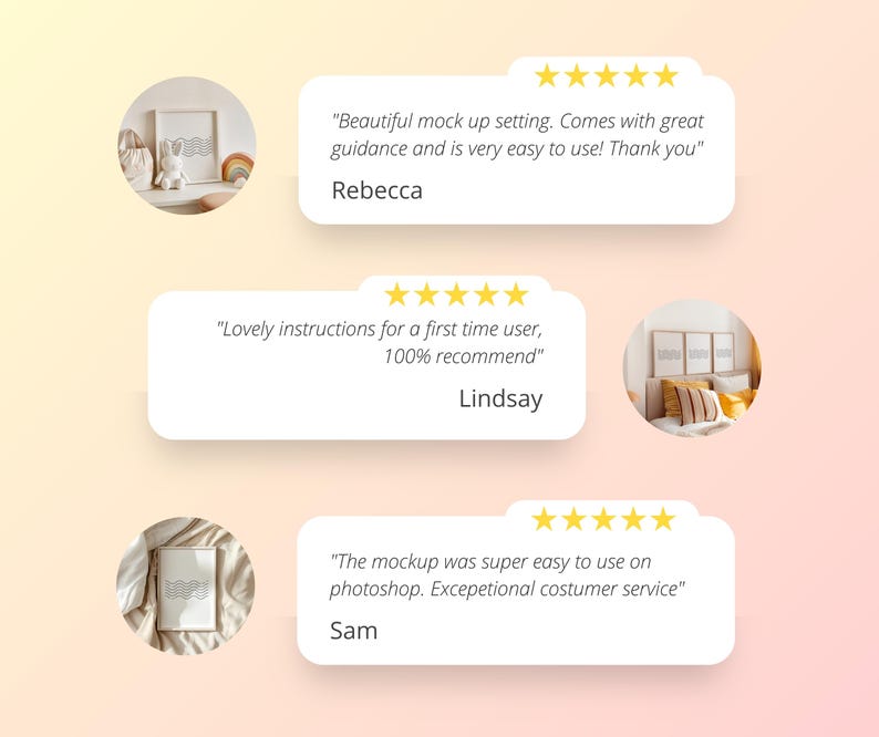 Op de afbeelding: Drie klantbeoordelingen met vijf sterren voor een digitaal mockup-product. De beoordelingen benadrukken het gebruiksgemak, de nuttige instructies en de uitstekende klantenservice.