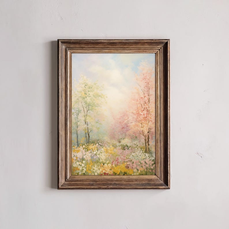 Op de afbeelding: Een ingelijst olieverfschilderij dat een lentelandschap voorstelt met twee bomen en een veld vol bloemen in tinten roze, geel en wit. De lucht is zachtblauw met witte wolken.