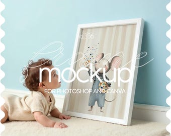 Nursery Mockup Frame With Baby, Frame Mockup For Nursery, Nursery Frame Mockup Template, Iso A Frame Mockup In Kids Room, PSD & PNG