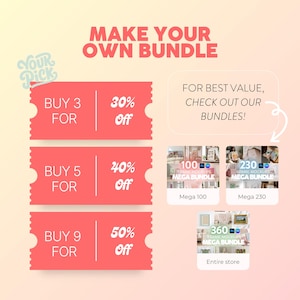 May include: Promotional graphic with text "Make Your Own Bundle." Offers include buying 3 for 30% off, 5 for 40% off, and 9 for 50% off. Includes images of frame mockups, with options for Mega 100, Mega 230, and the entire store.