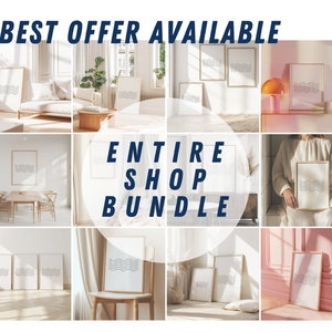 May include: A collection of framed art prints with a minimalist wave design in various interior settings. The prints are displayed in different rooms, showcasing the versatility of the artwork. Text on the image reads "BEST OFFER AVAILABLE" and "ENTIRE SHOP BUNDLE".