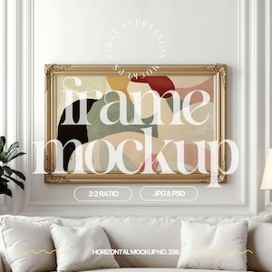 Horizontal Gold Frame Mockup, 3x2 Frame Mock Up For Artwork Display, Landscape Frame Mockup Template, Vintage Frame Mockup 3x2, PSD & JPG