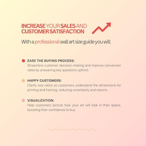 May include: A graphic with text that reads "INCREASE YOUR SALES AND CUSTOMER SATISFACTION." It also states "With a professional wall art size guide you will:" followed by bullet points about the buying process, happy customers, and visualization.