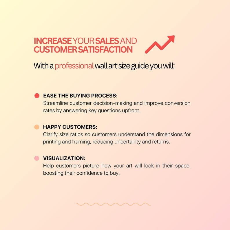 May include: A graphic with text that reads "INCREASE YOUR SALES AND CUSTOMER SATISFACTION." It also states "With a professional wall art size guide you will:" followed by bullet points about the buying process, happy customers, and visualization.