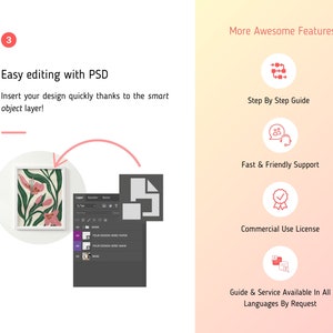 Puede incluir: Imagen con el texto "Easy editing with PSD" y "Insert your design quickly thanks to the smart object layer!". Se muestra una impresi&oacute;n floral enmarcada con un dise&ntilde;o rosa y verde. Iconos y texto describen caracter&iacute;sticas.