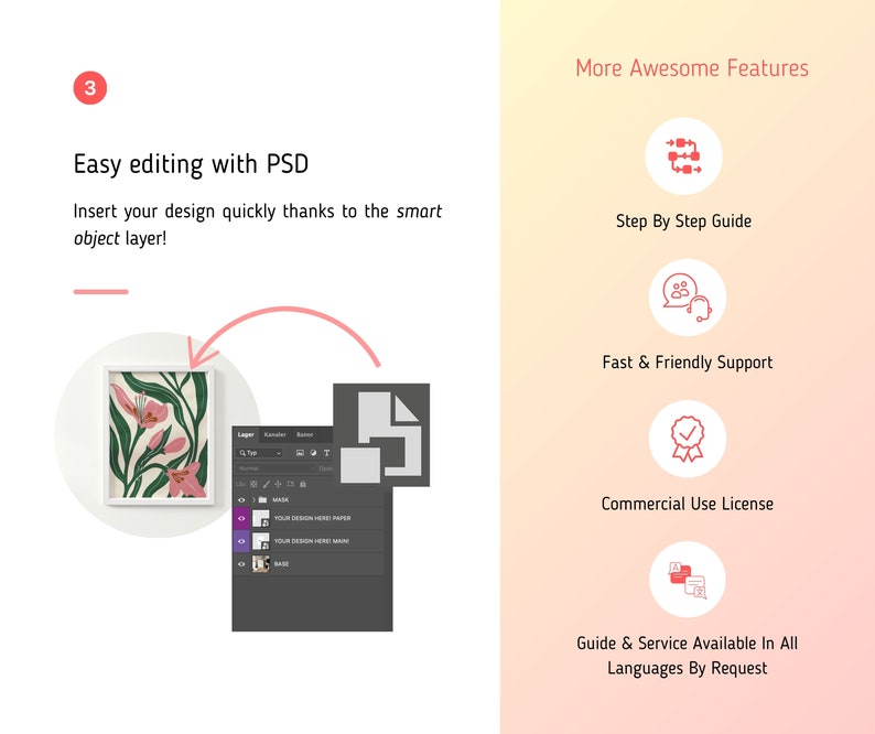 Puede incluir: Imagen con el texto "Easy editing with PSD" y "Insert your design quickly thanks to the smart object layer!". Se muestra una impresi&oacute;n floral enmarcada con un dise&ntilde;o rosa y verde. Iconos y texto describen caracter&iacute;sticas.