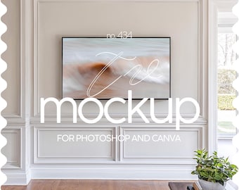 16x9 Frame Mockup For TV Art Display, Horizontal Frame Mockup For Canva And Photoshop, Landscape Frame Mockup, Livingroom Interior Mockup