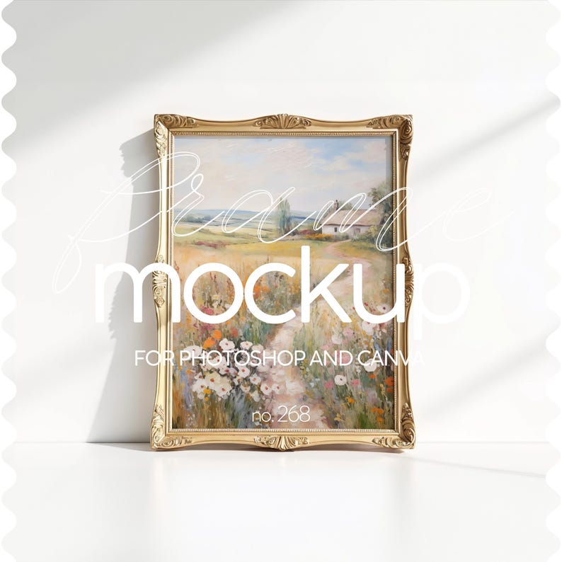 May include: A gold-colored frame with a painting of a country scene with a house, a path, and flowers. The frame has a decorative design and the text "no. 268" is visible in the bottom right corner.