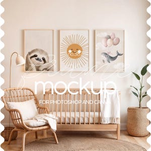 Puede incluir: Tres ilustraciones enmarcadas en un ambiente de guardería. Las ilustraciones son de un perezoso, un sol con una cara sonriente y una ballena con globos rosas. Los marcos son de madera clara y las ilustraciones están sobre un fondo blanco.