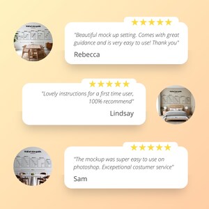 K&ouml;nnte beinhalten: Drei Kundenbewertungen mit f&uuml;nf Sternen f&uuml;r ein Wandkunst-Mockup. Die Bewertungen heben die Benutzerfreundlichkeit und die Qualit&auml;t des Mockups hervor. Die erste Bewertung lautet: "Wundersch&ouml;nes Mockup-Setting. Kommt mit einer tollen Anleitung und ist sehr einfach zu bedienen! Danke." Die zweite Bewertung lautet: "Tolle Anleitung f&uuml;r einen Erstbenutzer, 100% zu empfehlen." Die dritte Bewertung lautet: "Das Mockup war super einfach in Photoshop zu verwenden. Au&szlig;ergew&ouml;hnlicher Kundenservice."