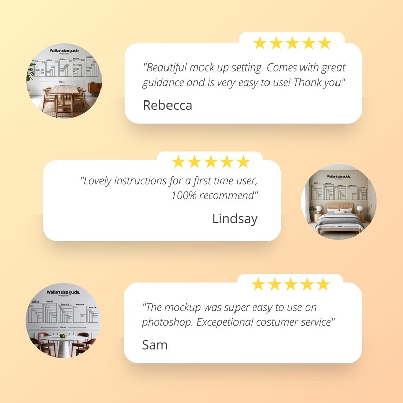 K&ouml;nnte beinhalten: Drei Kundenbewertungen mit f&uuml;nf Sternen f&uuml;r ein Wandkunst-Mockup. Die Bewertungen heben die Benutzerfreundlichkeit und die Qualit&auml;t des Mockups hervor. Die erste Bewertung lautet: "Wundersch&ouml;nes Mockup-Setting. Kommt mit einer tollen Anleitung und ist sehr einfach zu bedienen! Danke." Die zweite Bewertung lautet: "Tolle Anleitung f&uuml;r einen Erstbenutzer, 100% zu empfehlen." Die dritte Bewertung lautet: "Das Mockup war super einfach in Photoshop zu verwenden. Au&szlig;ergew&ouml;hnlicher Kundenservice."