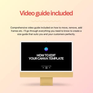 May include: A gold-colored computer monitor displays a black screen with the text "HOW TO EDIT YOUR CANVA TEMPLATE" in white. The words "Video guide included" are in red at the top. The image is set against a gradient pink and yellow background.
