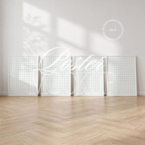 May include: Four white grid-patterned poster frames leaning against a white wall. The floor is light-colored wood with a herringbone pattern. The text "Poster Mockup" is overlaid on the image. The words "4K Photoshop Mockups by First Impression" are in a circle.