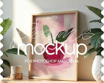 May include: A wooden frame mockup featuring a pink and white abstract painting of a cherry with green leaves. The text "no. 170" and "frame mockup" is visible in the image. The frame is displayed on a wooden shelf with a small white ceramic pot and a wooden plant stand.