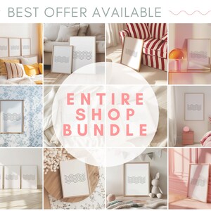 May include: A collage of images showcasing various interior design styles featuring abstract line art prints in black and white frames. The text "BEST OFFER AVAILABLE" and "ENTIRE SHOP BUNDLE" is displayed on the collage.