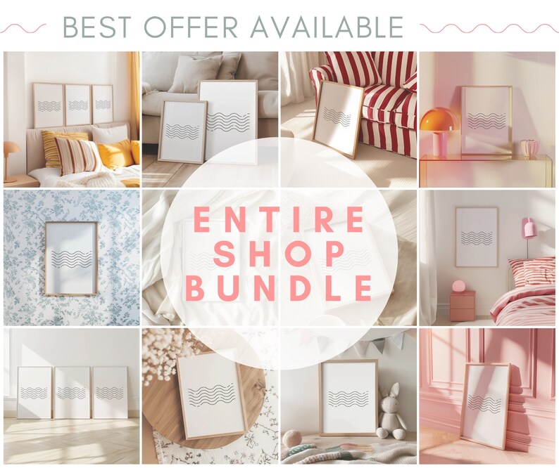 May include: A collage of images showcasing various interior design styles featuring abstract line art prints in black and white frames. The text "BEST OFFER AVAILABLE" and "ENTIRE SHOP BUNDLE" is displayed on the collage.