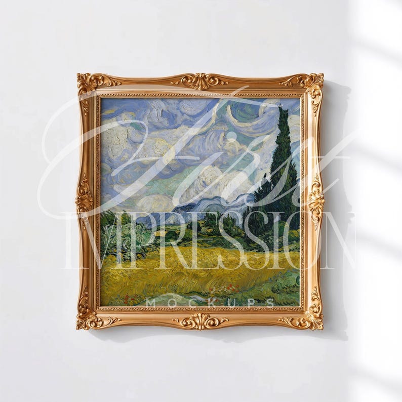 Puede incluir: Una impresi&oacute;n enmarcada de una pintura de paisaje con un marco dorado ornamentado. La obra de arte representa un campo de trigo, &aacute;rboles y un cielo nublado. La pintura es al estilo de Van Gogh. El marco es cuadrado con bordes decorativos.