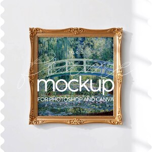 Puede incluir: Una impresi&oacute;n art&iacute;stica enmarcada en oro adornada con una pintura de paisaje al estilo de Monet con un puente sobre nen&uacute;fares. El texto "mockup" y "FOR PHOTOSHOP AND CANVA" se muestra en la obra de arte. La obra de arte est&aacute; etiquetada "no. 313".