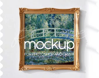 Maqueta de marco vintage cuadrado, maqueta de marco dorado cuadrado, plantilla de maqueta de marco dorado con relación de aspecto 1:1, plantilla de marco vintage dorado, PSD y JPG
