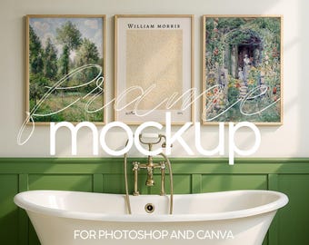 3 Frames Mockup Bathroom Scene, Set of 3 Frames Mockup For Canva and Photoshop, PNG & PSD Frame Template In Bathroom Interior, Smart Object