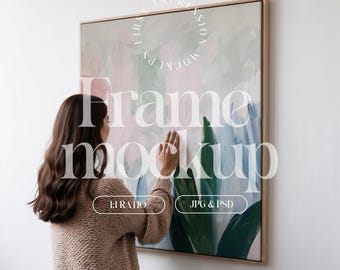 Framed Canvas Mockup 1:1 Ratio, Canvas Frame Mockup With Person, Square Canvas Mockup, Person With Framed Canvas Template, PSD Frame Mock Up