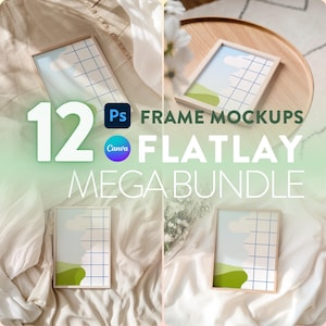 May include: A set of 12 frame mockups for flat lay photography. The mockups feature a white frame with a light blue and green abstract design. The frames are on a white fabric background with white flowers.
