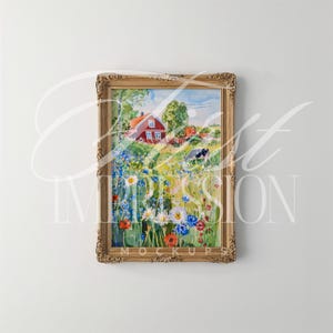May include: A framed watercolor painting of a rural landscape with a red house, green trees, and a field of colorful wildflowers. The ornate gold frame adds a touch of elegance to the artwork. The painting is displayed against a white wall.