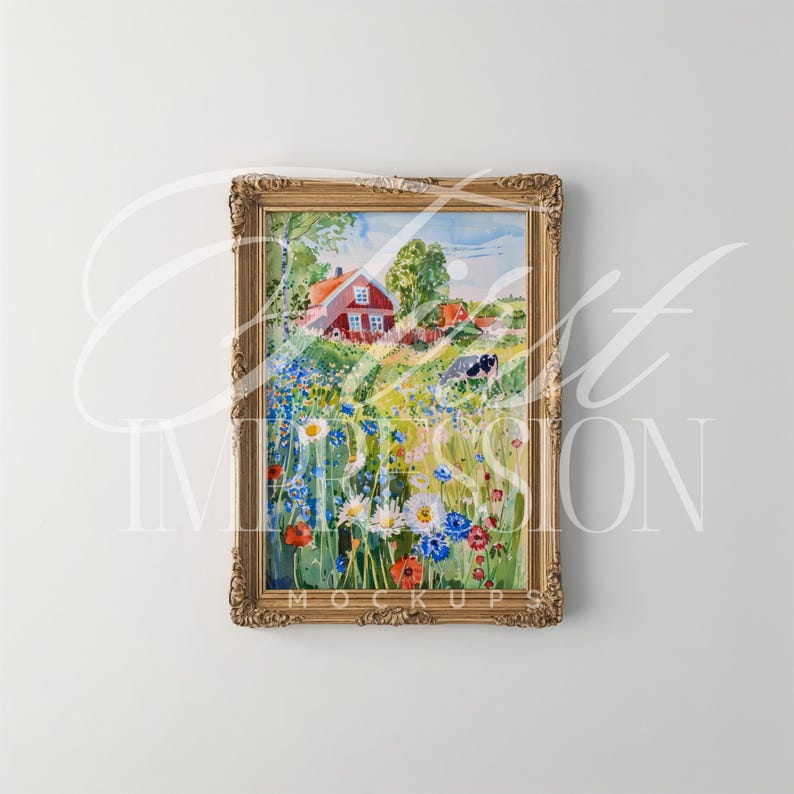 May include: A framed watercolor painting of a rural landscape with a red house, green trees, and a field of colorful wildflowers. The ornate gold frame adds a touch of elegance to the artwork. The painting is displayed against a white wall.