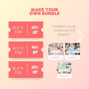 May include: Promotional graphic with the text "MAKE YOUR OWN BUNDLE." Offers include 30% off when you buy 3, 40% off for 5, and 50% off for 9. Includes images of product bundles.