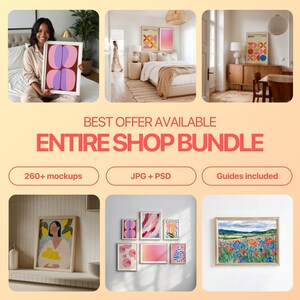 K&ouml;nnte beinhalten: Ein digitales Produktpaket mit &uuml;ber 260 Mockups von Kunstwerken in verschiedenen Stilen und Farben. Die Mockups werden in verschiedenen Inneneinrichtungen gezeigt, darunter ein Schlafzimmer, ein Wohnzimmer und ein Badezimmer. Das Paket enth&auml;lt JPG- und PSD-Dateien sowie Anleitungen.