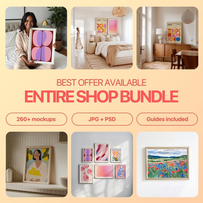K&ouml;nnte beinhalten: Ein digitales Produktpaket mit &uuml;ber 260 Mockups von Kunstwerken in verschiedenen Stilen und Farben. Die Mockups werden in verschiedenen Inneneinrichtungen gezeigt, darunter ein Schlafzimmer, ein Wohnzimmer und ein Badezimmer. Das Paket enth&auml;lt JPG- und PSD-Dateien sowie Anleitungen.