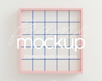 Puede incluir: Una maqueta de marco rosa cuadrado con un patrón de cuadrícula de líneas azules. El texto "frame mockup" está escrito en cursiva sobre el marco. El texto "FOR PHOTOSHOP AND CANVA" está debajo. El número "no. 444" está en la parte inferior.