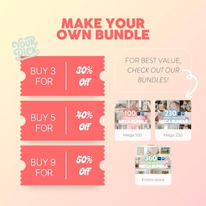 Puede incluir: Un gr&aacute;fico rosa y blanco con el texto "Make Your Own Bundle". Hay tres cajas rosas en forma de boleto con el texto "Buy 3 for 30% off", "Buy 5 for 40% off" y "Buy 9 for 50% off". Hay tres cajas azules con el texto "100 Frame Mockups Mega Bundle", "230 Frame Mockups Mega Bundle" y "360 Frame Mockups Mega Bundle". El texto "For Best Value, Check Out Our Bundles!" tambi&eacute;n est&aacute; incluido.