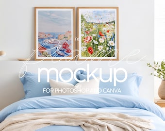 May include: Two framed watercolor paintings hanging above a light blue bed with a white pillow and a beige throw blanket. The painting on the left depicts a seascape with red houses and boats. The painting on the right depicts a field of wildflowers with red poppies.