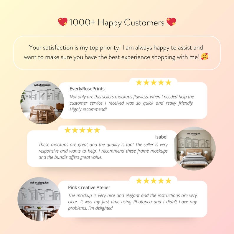 May include: A graphic with text and customer reviews. The text reads "1000+ Happy Customers" and "Your satisfaction is my top priority!" Customer reviews are displayed with 5-star ratings and positive comments about the product and customer service.