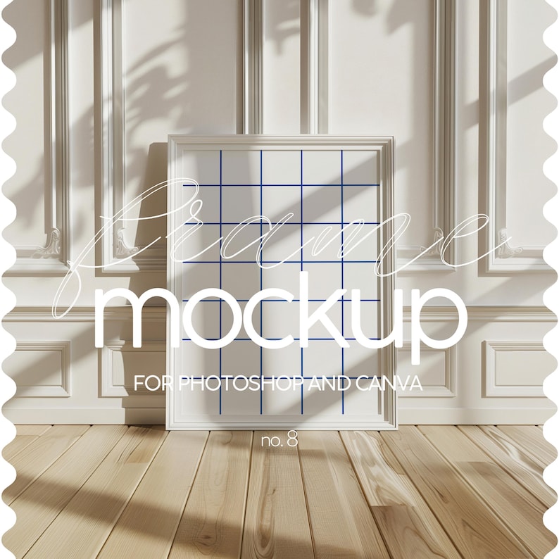 Pu&ograve; includere: Mockup di cornice bianca con un motivo a griglia all'interno della cornice. La cornice &egrave; appoggiata su un pavimento in legno con pareti bianche e battiscopa bianchi. Il testo "Frame Mockup" &egrave; scritto in lettere bianche in corsivo sul pavimento. Il testo "For Photoshop and Canva" &egrave; scritto in lettere nere sotto la cornice. Il testo "no. 8" &egrave; scritto in lettere nere sotto il testo "For Photoshop and Canva".