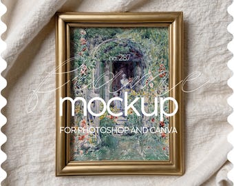 3x4 Rahmenmodell Vintage, Flatlay Mockup Rahmenvorlage, Goldrahmen Mockup für Foto, Vintage Rahmen Mockup, PNG & PSD Rahmenmodell für Kunst