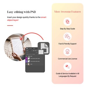 May include: A mockup template for a framed print, showing a person holding the frame. The image shows a Photoshop window with layers for easy customization. The text "YOUR DESIGN HERE!" is visible in the Photoshop window.