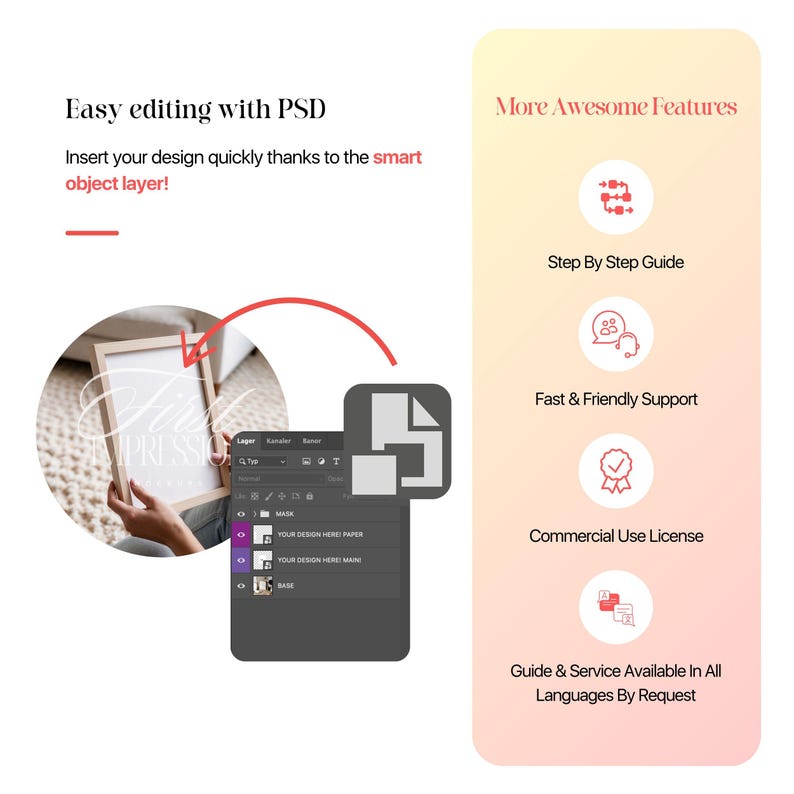 May include: A mockup template for a framed print, showing a person holding the frame. The image shows a Photoshop window with layers for easy customization. The text "YOUR DESIGN HERE!" is visible in the Photoshop window.