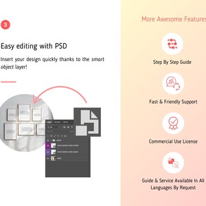 May include: A mockup of a wall with six framed prints. The frames are white and the prints are black and white. The image shows how to easily edit the design using a PSD file. The text on the image says "Easy editing with PSD. Insert your design quickly thanks to the smart object layer!"