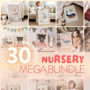 Op de afbeelding: Een set van 30 kinderkamer frame mockups met verschillende illustraties van dieren, een raket en een walvis. De mockups worden in een collage-formaat weergegeven en tonen verschillende framestijlen en kleuren.