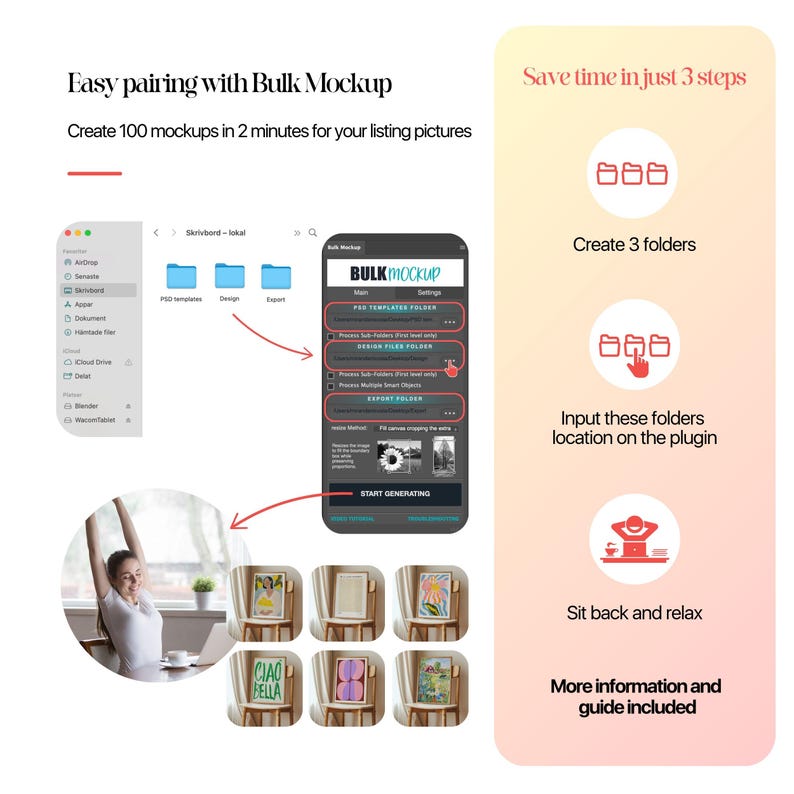 May include: A screenshot of a computer screen showing a plugin that can be used to create mockups of product listings. The plugin is called "Bulk Mockup" and it allows users to create 100 mockups in 2 minutes. The plugin has a simple interface with a few buttons and settings. The plugin is shown in the process of generating mockups, with a preview of the mockups shown in the bottom right corner of the screen.