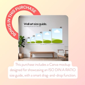 May include: A wall art size guide with A1-A5 print sizes, featuring a landscape design with green hills and blue skies. The image includes a bench, a plant, and text that reads "Wall art size guide." The text "BONUS IN THIS PURCHASE" is also visible.