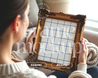 Small Gold Frame Mockup, Vintage Frame Mockup 4x5 Ratio, Person Holding Frame Mockup, 4x5 Frame Mock Up For Wall Art Display, Frame Mock Ups