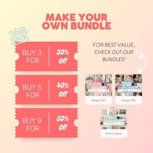以下が含まれることがあります： 「MAKE YOUR OWN BUNDLE」のテキストが入ったプロモーション用グラフィック。オファーには「3つ購入で30%オフ」、「5つ購入で40%オフ」、「9つ購入で50%オフ」が含まれます。製品バンドルの画像が含まれています。