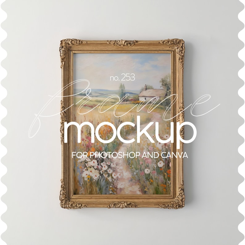 May include: A framed landscape painting with a gold ornate frame. The artwork depicts a rural scene with a path, flowers, and a house. The text "Frame mockup" is overlaid on the image.