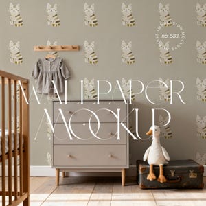 May include: A nursery scene featuring a light gray dresser with wooden knobs, a crib, and a plush duck toy. The wall is adorned with a repeating cat pattern wallpaper. A gray dress hangs on a wooden rack. The text "WALLPAPER MOCKUP" is displayed.