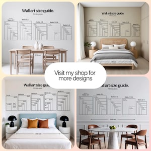 May include: A collage of images showcasing wall art size guides with various room settings. The guides display different aspect ratios and sizes, with measurements in centimeters. Text reads "Wall art size guide" and "Visit my shop for more designs."
