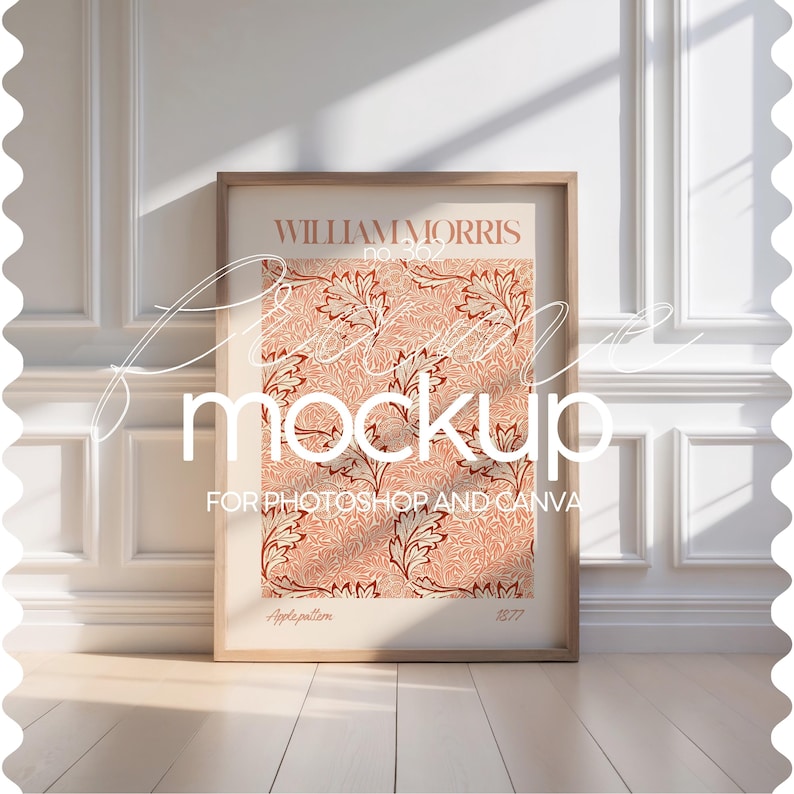 May include: A framed mockup for Photoshop and Canva featuring a William Morris design called "Apple Pattern" from 1877. The design is a repeating pattern of stylized leaves and flowers in shades of orange, red, and white.