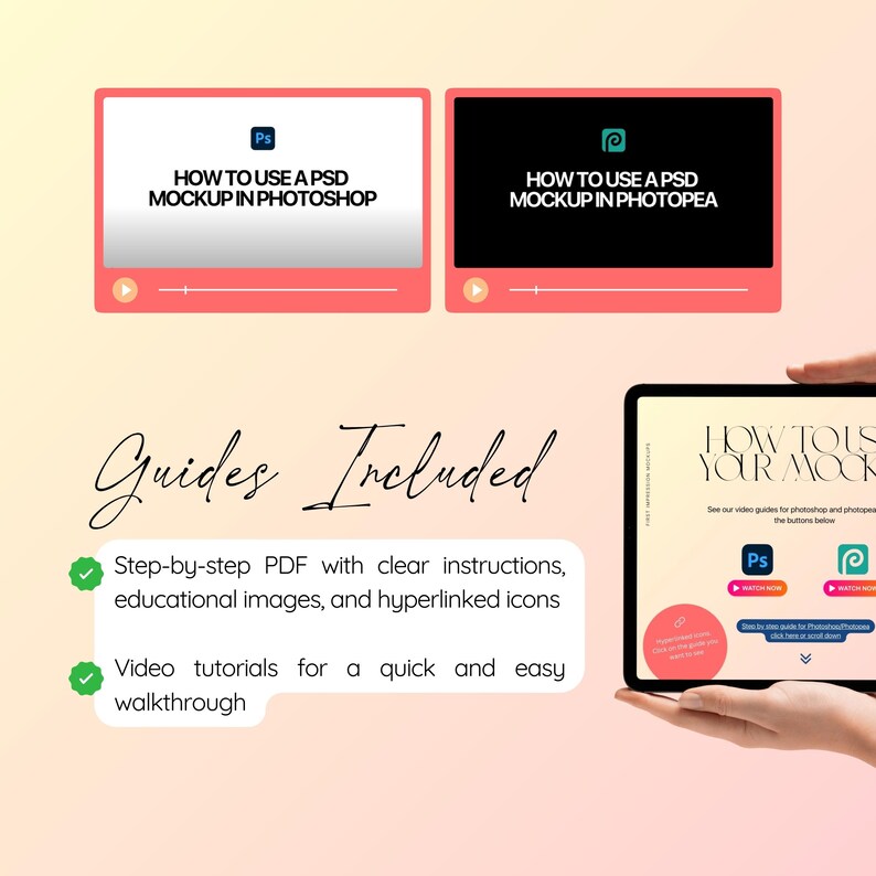 K&ouml;nnte beinhalten: Ein digitales Design-Handbuch mit dem Text "HOW TO USE A PSD MOCKUP IN PHOTOSHOP" und "HOW TO USE A PSD MOCKUP IN PHOTOPEA". Das Handbuch enth&auml;lt Schritt-f&uuml;r-Schritt-PDF-Anweisungen und Video-Tutorials. Das Farbschema ist rosa, wei&szlig; und schwarz.
